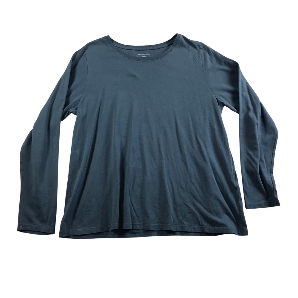 Eileen Fisher Blue 100% Organic Cotton Long Sleeve Crew Neck Tee Shirt Large